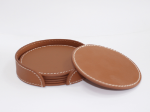 Leather Coaster Round Brown With Box Blk