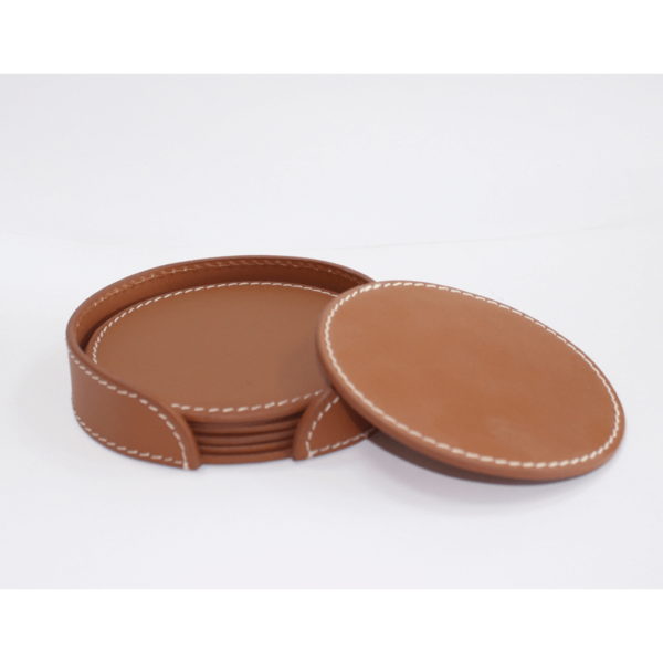 Leather Coaster Round Brown With Box Blk