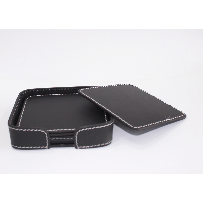 Leather Coaster Square Black With Box Blk