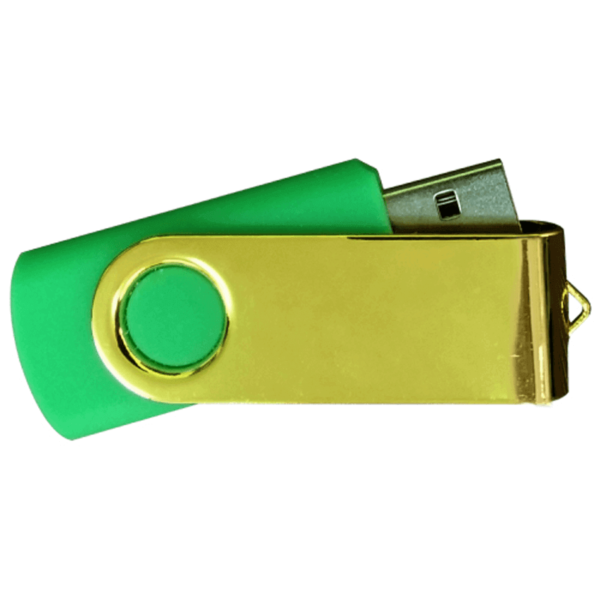 USB Flash Drives Mirror Shiny Gold Swivel - Green