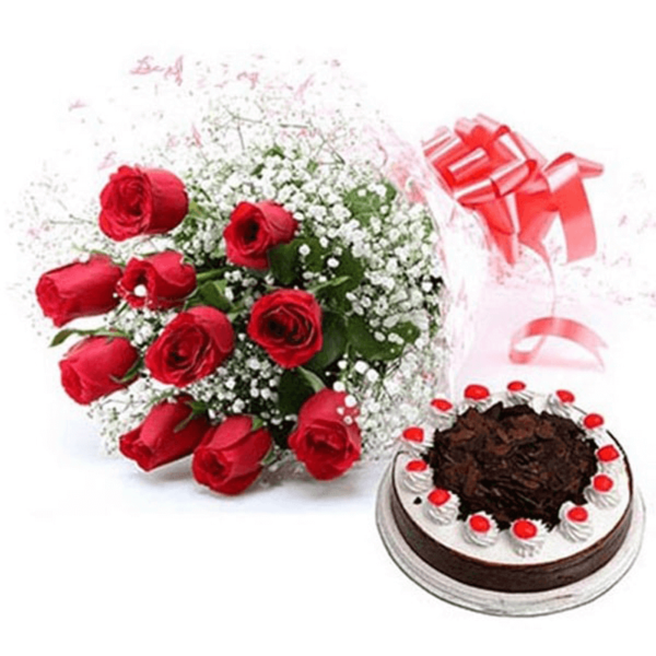1/2kg Black Forest Cake & 12 Red Roses
